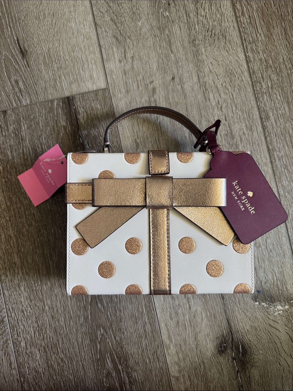 kate spade White & Metallic Gold Polka Dot Gift-Bow Satchel Purse